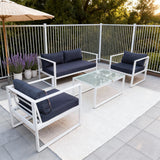WLSF2532S2 White Aluminum 4 Piece Outdoor Conversation Set with Navy Cushions & Glass Coffee Table – Provence Luxury Patio Set