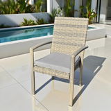 DTY2507 Beige-Grey Striped Wicker High-Back Outdoor Armchair with Grey Cushion – Modern Pool Patio Weather-Resistant Lounge Chair