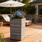 OPB250502 Tall Square Grey Wicker Planter – Modern Coastal Patio Plant Pot