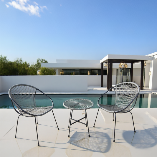 BST2503 Charcoal Grey Radial Weave & Black Metal Frame Modern Minimalist Pool Patio 2-Piece Outdoor Bistro Set – Matching Weave Round Table