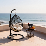 SWC2609 Black Wicker Hanging Egg Chair with Stand & Cushion – Coastal Patio Swing Lounge Chair Set with Side Table