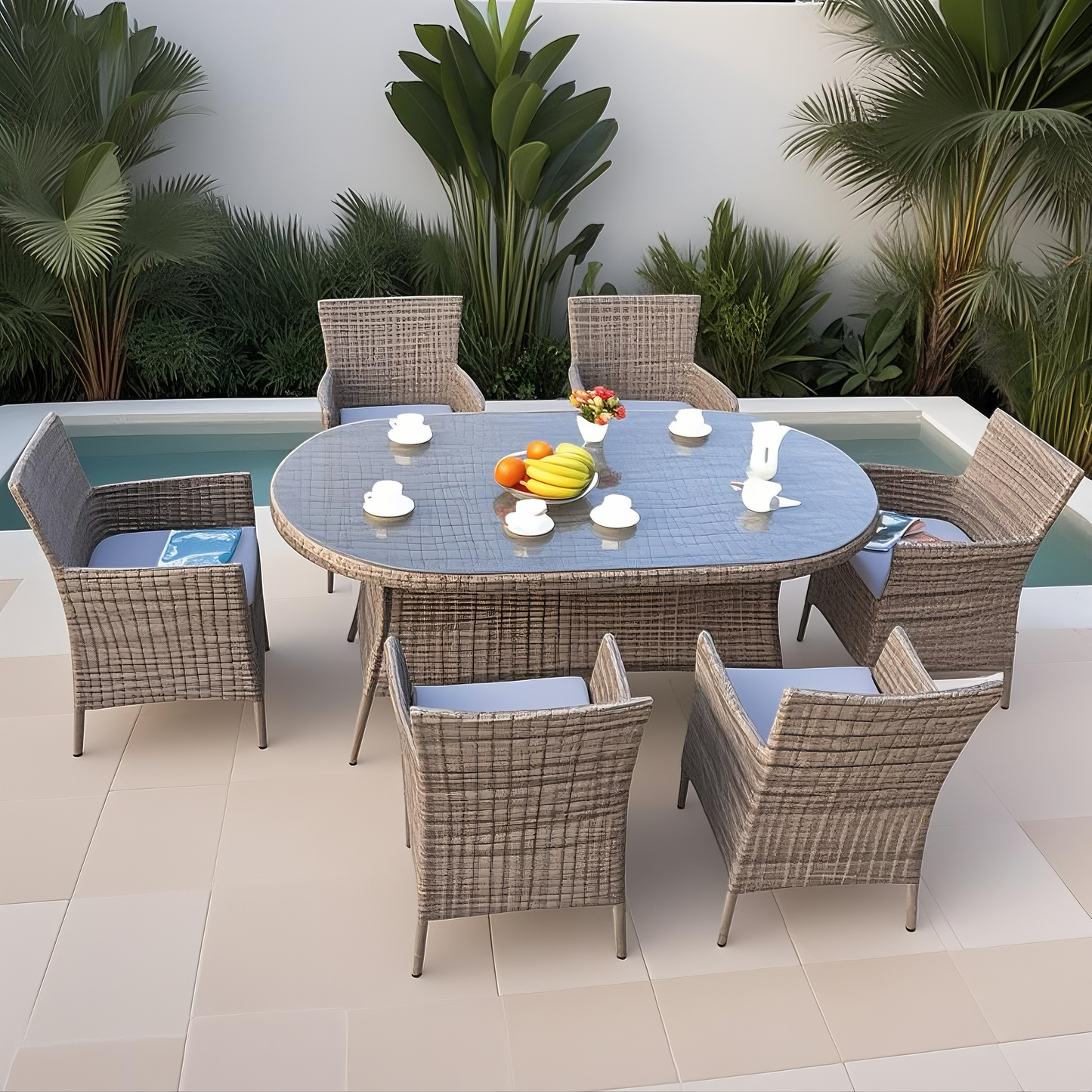 TBDS250702 Mixed Brown Wicker Tropical Luxury Outdoor Dining Set with Light Blue Cushions & Black Glass Oval Dining Table – Stylish Patio Furniture