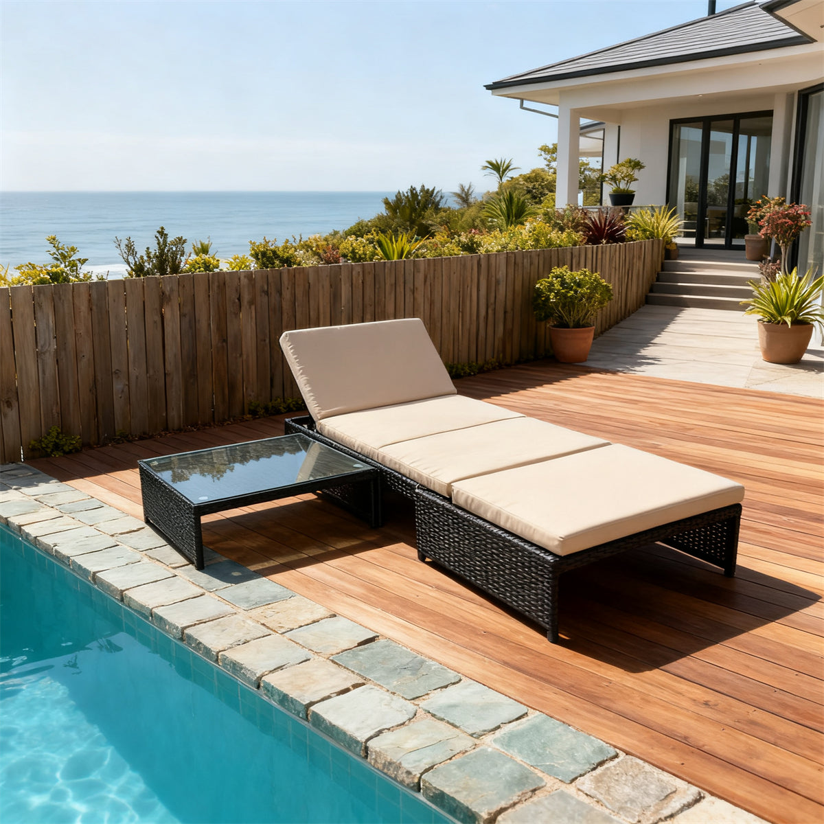 TYSF250101 Black Wicker Coastal Poolside Luxury Outdoor Chaise Lounge Set – Adjustable Cream Cushion & Black Glass Side Table