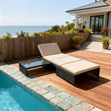 TYSF250101 Black Wicker Coastal Poolside Luxury Outdoor Chaise Lounge Set – Adjustable Cream Cushion & Black Glass Side Table