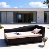 TYSF2609 Black Rattan Wave-Shaped Single Outdoor Chaise Lounge with Cream Cushions & Blush Pillow – Algarve Portugal Coastal Terrace Luxury Relaxed Outdoor Chaise