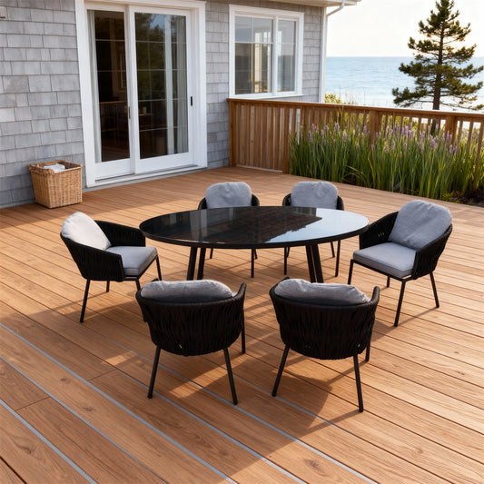 Black Woven Nordic Coastal Luxury Outdoor Dining Set with Light Grey Cushions & Black Glass Round Dining Table – Stylish Patio Furniture