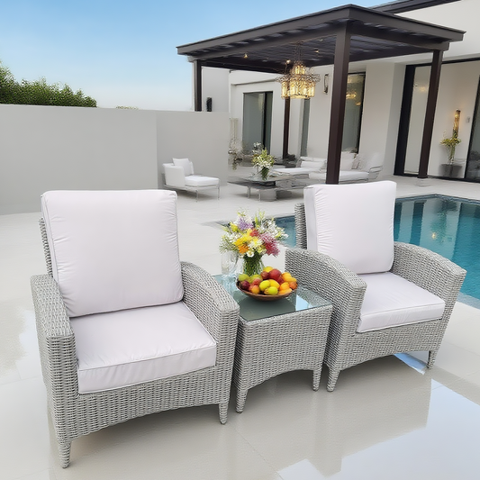 Light Grey Wicker 2 - Chair Outdoor Lounge Set with Glass Side Table – Stylish Patio Conversation Furniture