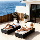 TYSF2582 Black Rattan Adjustable Double Outdoor Sun Lounger Set with All-White Cushions – Saint-Tropez French Riviera Coastal Terrace Luxury Relaxed Outdoor Sun Lounger Set