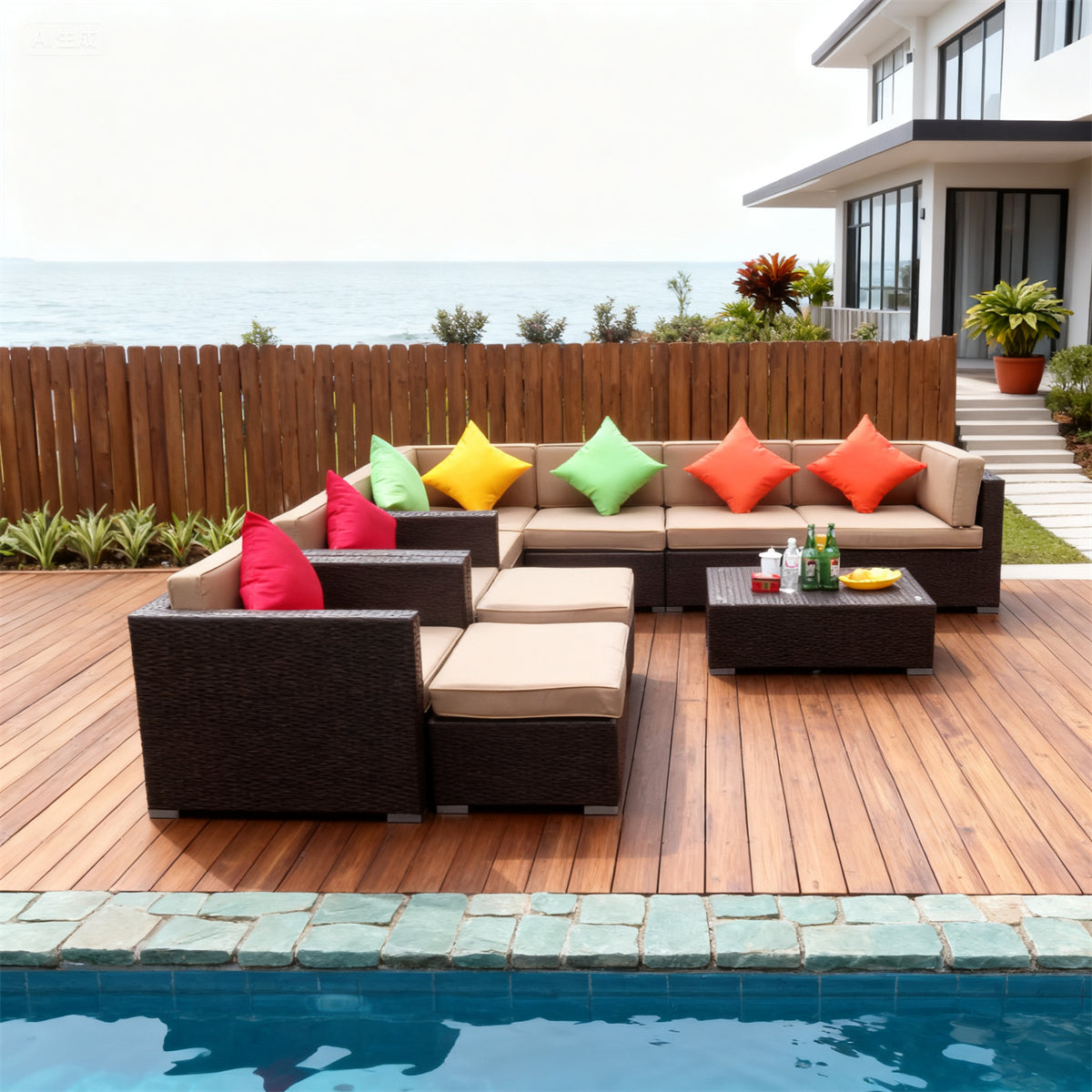 Dark Brown Wicker L - Shaped Outdoor Sectional Set with Colorful Pillows, Beige Cushions & Wicker Coffee Table – Stylish Patio Furniture