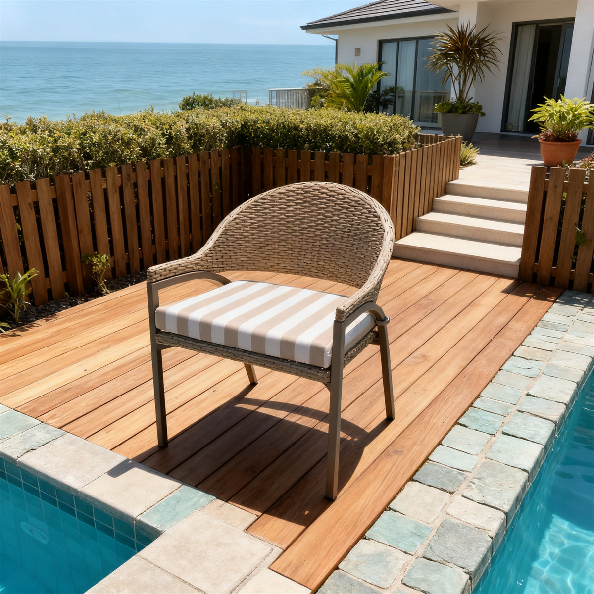 DTY2508 Light Brown Wicker Curved Arm Outdoor Chair with Striped Cushion – Coastal Pool Patio Weather-Resistant Lounge Chair