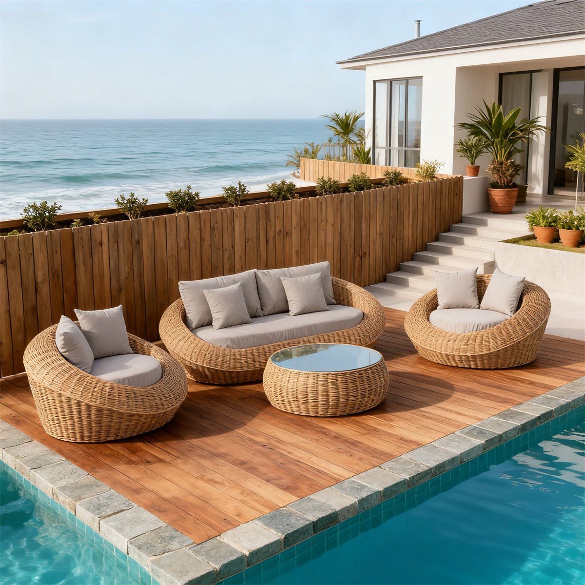 Natural Rattan Spherical Outdoor Lounge Set with Light Grey Cushions & Round Glass Coffee Table – Stylish Patio Furniture