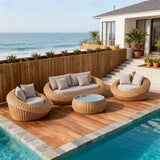 SFTZ257405 Natural Rattan Spherical Outdoor Lounge Set with Light Grey Cushions & Round Glass Coffee Table – Stylish Patio Furniture