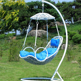 SWC2669 Single Seat White Canopy Wicker Hanging Swing Chair with Stand & Blue Cushion – Outdoor Garden Patio Lounge Chair Set