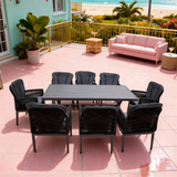 SFTZ260601 All-Black Wicker Cross-Back Outdoor Dining Set – Coastal Patio Luxury 9-Piece Social Dining Furniture Set