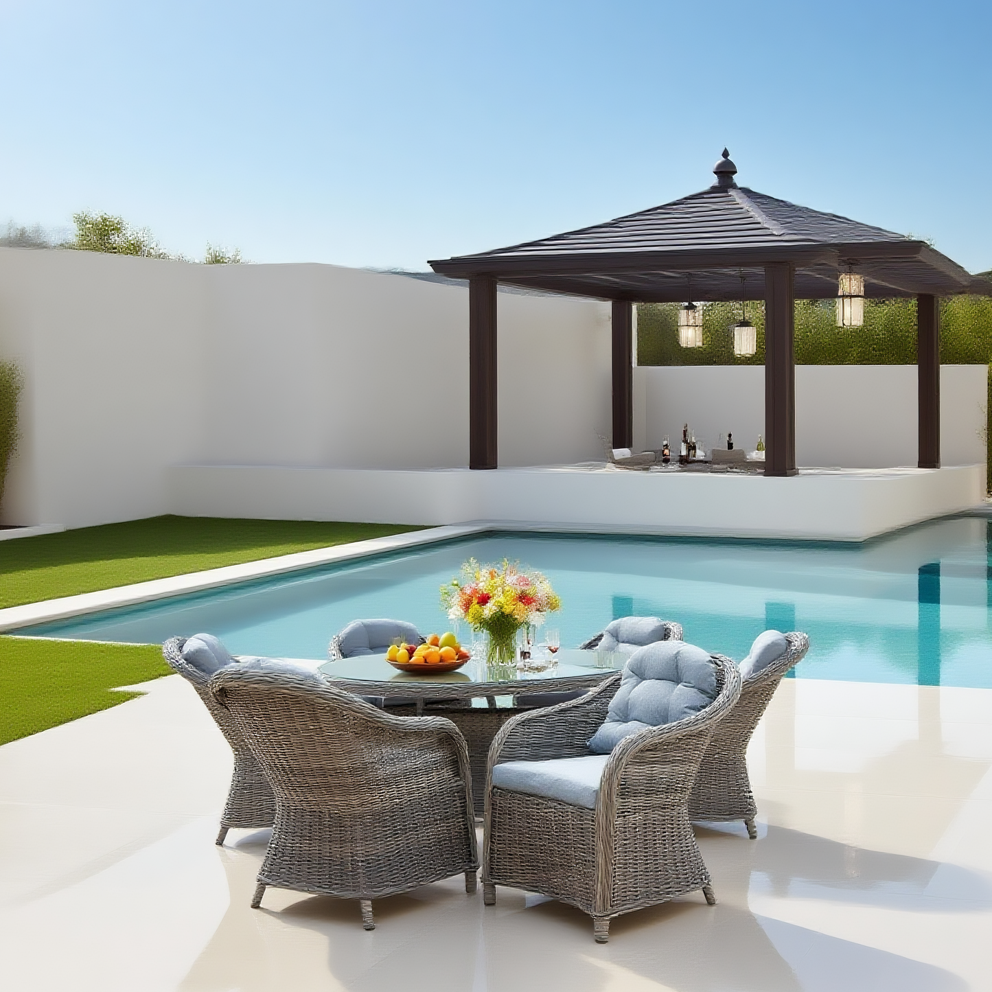 TBDS2509162 GRAY Dark Grey Wicker Modern Luxury Outdoor Dining Set with Light Blue Tufted Cushions & Clear Glass Round Dining Table – Stylish Patio Furniture