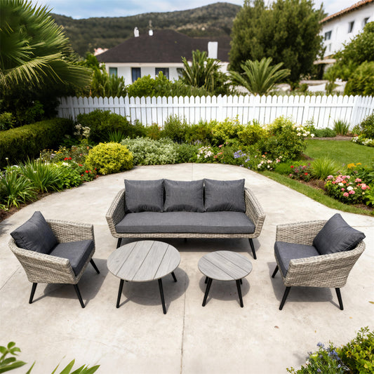 Mixed Grey Wicker Outdoor Lounge Set with Dark Grey Cushions & Wooden - Look Coffee Tables – Stylish Patio Furniture