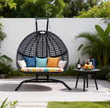SWC2604 2 Seater Black Wicker Hanging Egg Chair with Stand & Colorful Cushion – Patio Swing Lounge Set with Side Table
