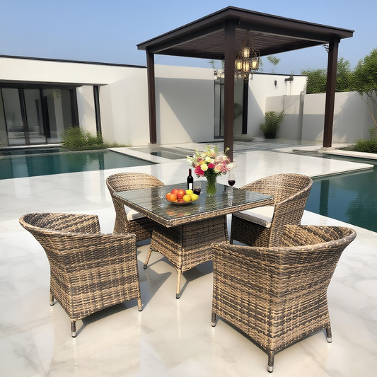 TBDS250401 Mixed Brown Wicker Modern Luxury Outdoor Dining Set with Cream Cushions & Black Glass Square Dining Table – Stylish Patio Furniture