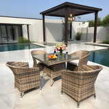 TBDS250401 Mixed Brown Wicker Modern Luxury Outdoor Dining Set with Cream Cushions & Black Glass Square Dining Table – Stylish Patio Furniture