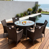 TBDS2517-6S Dark Brown Wicker Coastal Luxury Outdoor Dining Set with Beige Cushions & Clear Glass Round Dining Table – Stylish Patio Furniture