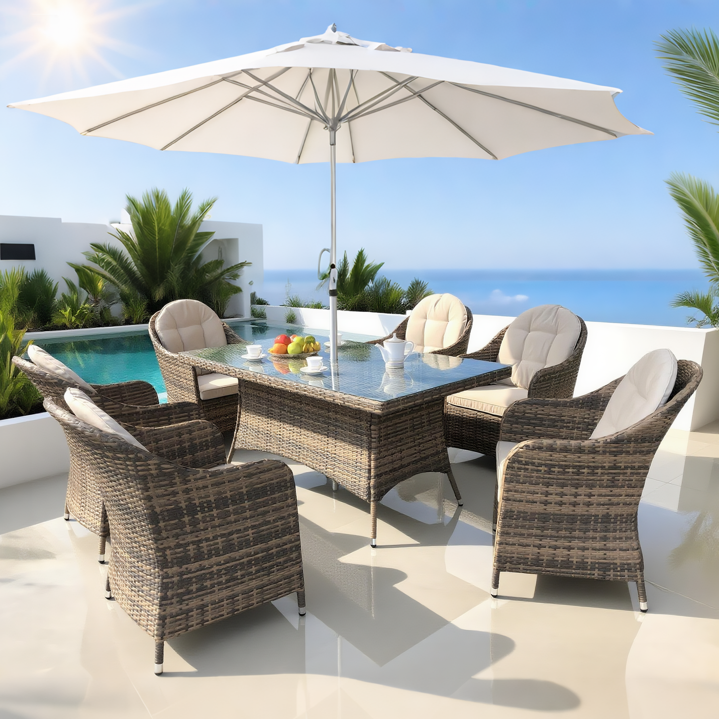 TBDS250403 Mixed Brown Wicker Coastal Luxury Outdoor Dining Set with Cream Cushions, Clear Glass Square Table & Umbrella – Stylish Patio Furniture