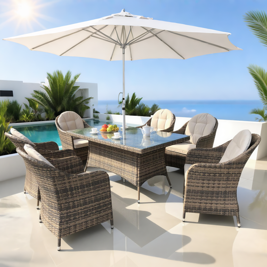 TBDS250403 Mixed Brown Wicker Coastal Luxury Outdoor Dining Set with Cream Cushions, Clear Glass Square Table & Umbrella – Stylish Patio Furniture