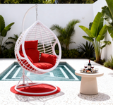 SWC2656 Single Seat White Wicker Hanging Egg Chair with Stand & Red Cushion – Poolside Patio Swing Lounge Chair Set