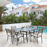 CBY250503 Black Metal & Light Linen Mesh Spanish Mediterranean Villa Poolside Luxury Outdoor Dining Set (6-Piece) – Dark Green Glass Square Table