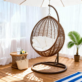 SWC2610 Brown Wicker Hanging Egg Chair with Stand & Cushion – Boho Patio Swing Lounge Chair Set with Side Table