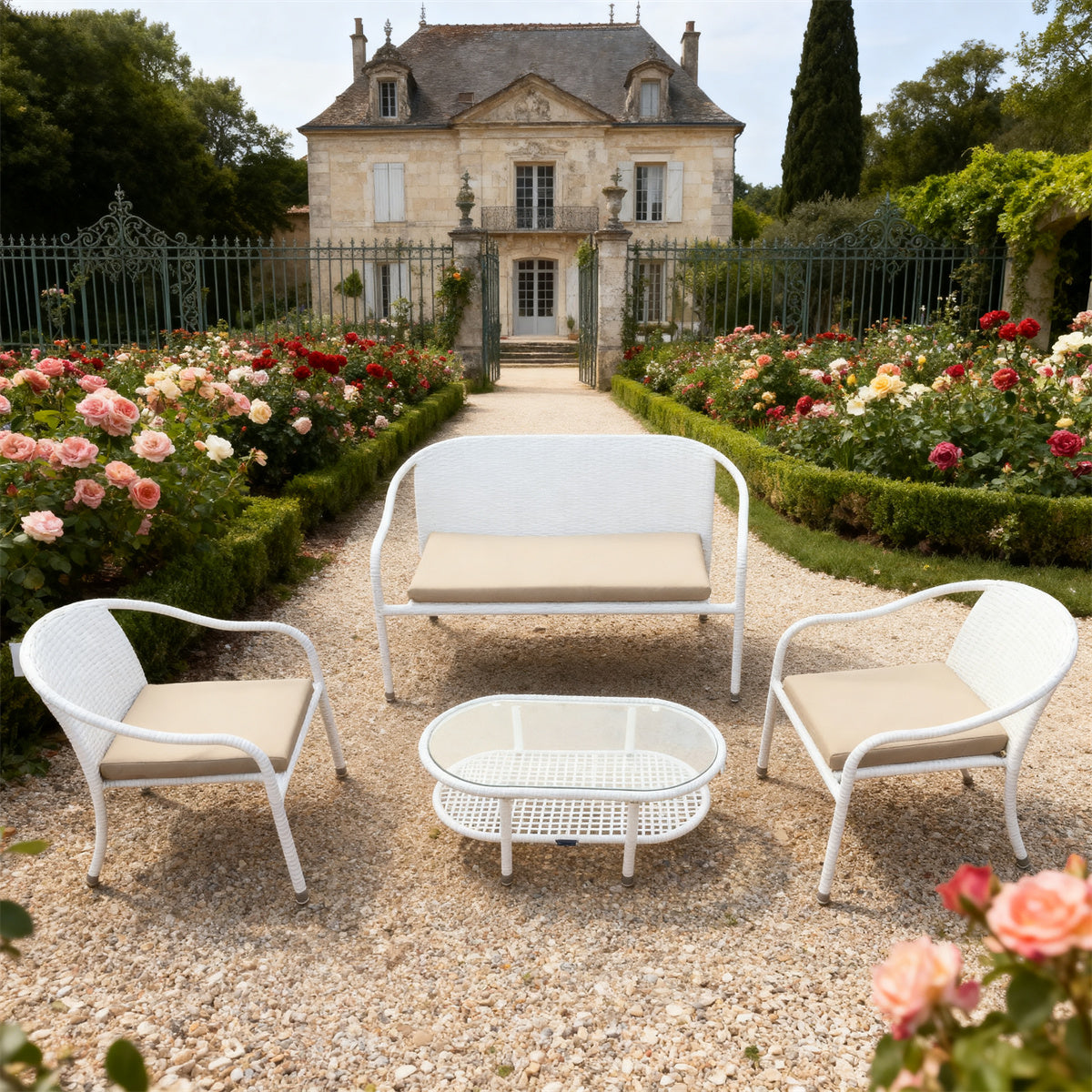 White Wicker Outdoor Lounge Set with Beige Cushions & Glass Coffee Table – Stylish Patio Furniture