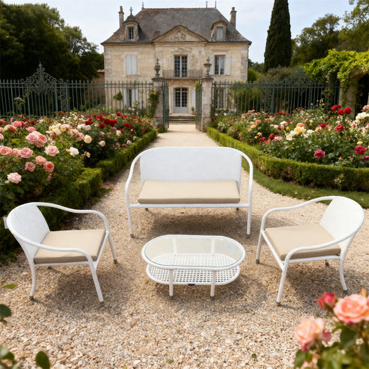 White Wicker Outdoor Lounge Set with Beige Cushions & Glass Coffee Table – Stylish Patio Furniture