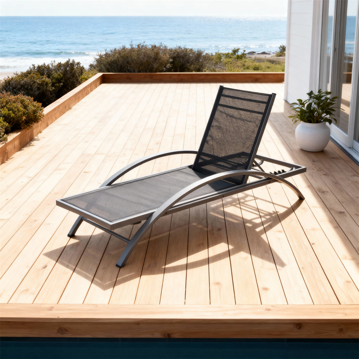 TYSF2531 Grey Metal-Frame Black Mesh Curved Adjustable Outdoor Sun Lounger – Santa Barbara USA Coastal Terrace Luxury Modern Outdoor Reclining Sunbed