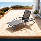 TYSF2531 Grey Metal-Frame Black Mesh Curved Adjustable Outdoor Sun Lounger – Santa Barbara USA Coastal Terrace Luxury Modern Outdoor Reclining Sunbed