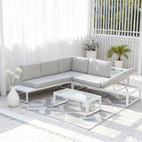 WLSF2509 White Aluminum L-Shaped Outdoor Sectional with Chaise Lounge & Glass Table – Singapore Rooftop Modern Convertible Patio Sofa Set