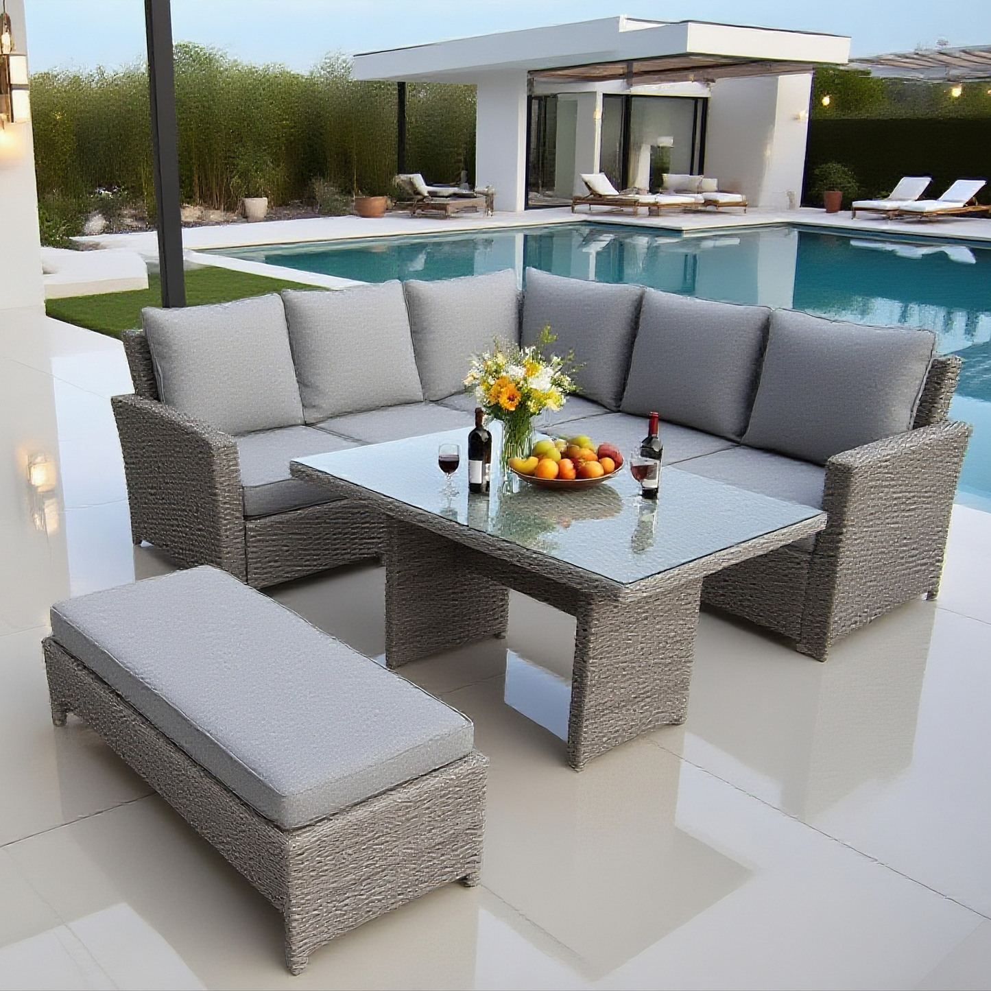 Light Grey Wicker L - Shaped Outdoor Sectional Set with Glass Dining Table & Ottoman – Stylish Patio Furniture