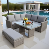 SFTZ2531 Light Grey Wicker L - Shaped Outdoor Sectional Set with Glass Dining Table & Ottoman – Stylish Patio Furniture