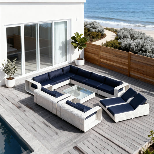 SFTZ2611 White Wicker & Navy Cushion Large Outdoor Sectional Lounge Set – Modern Coastal Villa Patio Luxury Social Furniture Set