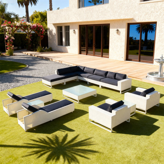 White Wicker Modular Outdoor Lounge Set with Navy Cushions, Glass Coffee Table & Reclining Chaise Lounges – Luxury Patio Furniture
