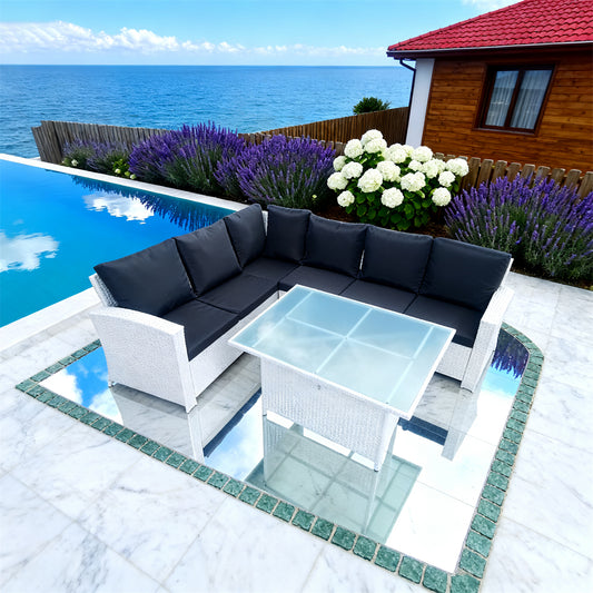 White Wicker L - Shaped Outdoor Sectional Set with Black Grey Cushions & Glass Coffee Table – Stylish Patio Furniture