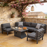 WLSF2574 5-Piece Grey Aluminum Outdoor Sectional Set with Fire Pit Table – Tuscan Rustic Patio Furniture