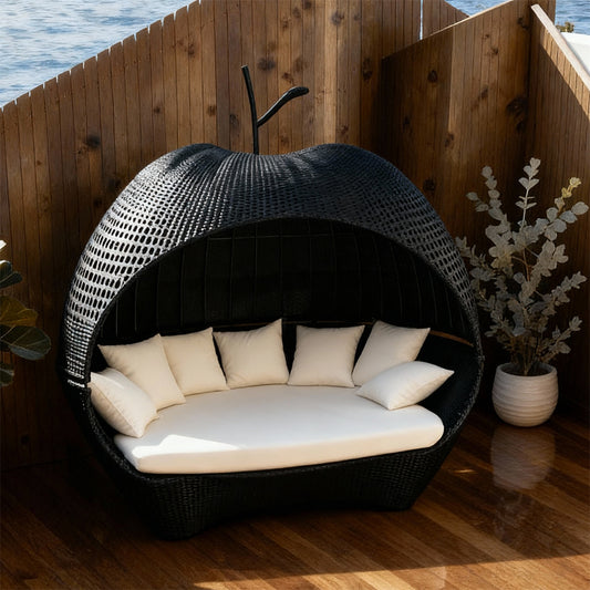 TYSF2546 Black Rattan Apple-Shaped Private Outdoor Lounge Chair with Cream Cushions – Ibiza Spain Coastal Terrace Luxury Artistic Outdoor Pod Chair