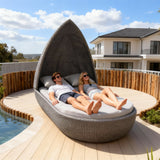 TYSF2618 Grey Rattan Pointed Dome Double Outdoor Daybed with Dark Grey Cushions & Pillows – Newport Beach California Coastal Terrace Luxury Private Outdoor Dome Daybed