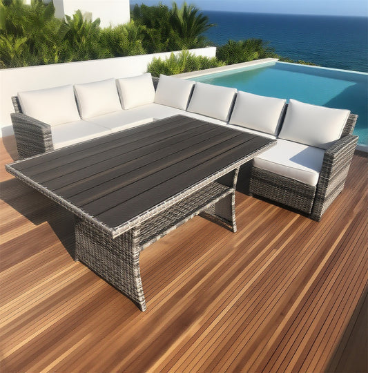 Grey Wicker L - Shaped Outdoor Sectional Set with Faux Wood Dining Table – Stylish Patio Furniture