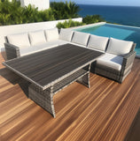 SFTZ2538 Grey Wicker L - Shaped Outdoor Sectional Set with Faux Wood Dining Table – Stylish Patio Furniture