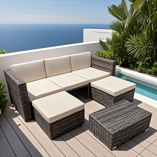 Mixed - Tone Wicker L - Shaped Outdoor Sectional Set with Ottomans & Coffee Table – Stylish Patio Lounge Furniture
