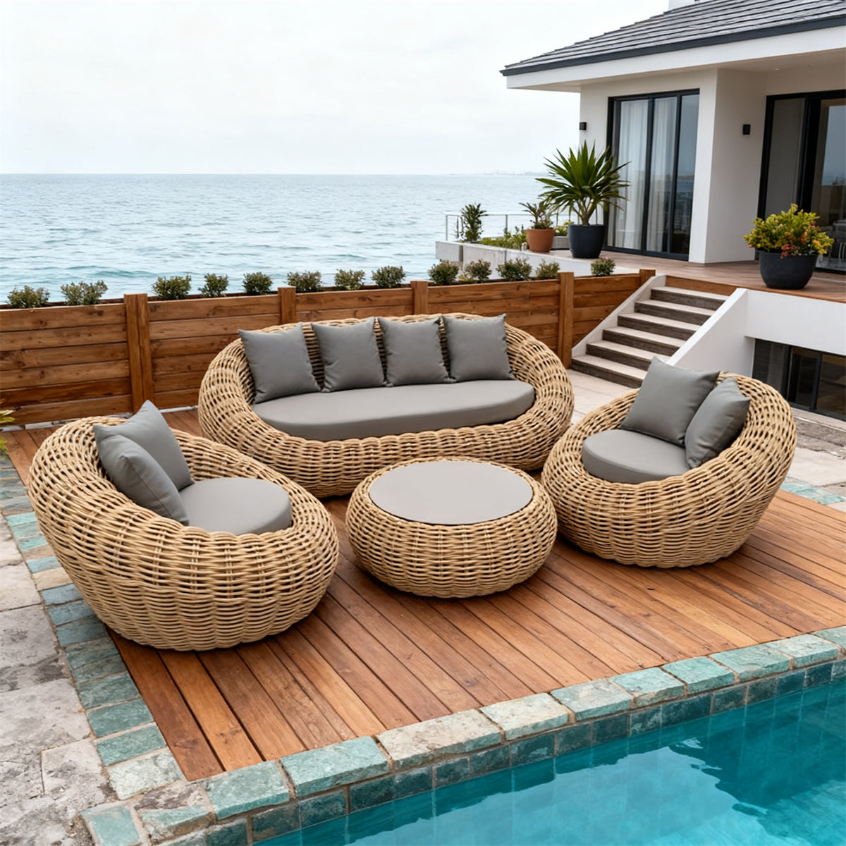 Natural Rattan Spherical Outdoor Lounge Set with Light Grey Cushions & Round Coffee Table – Stylish Patio Furniture