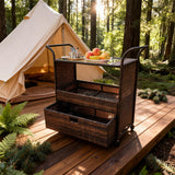 RSB2513 3-Tier Brown Wicker Rolling Camping Cart – Glamping Patio Storage Trolley with Drawer