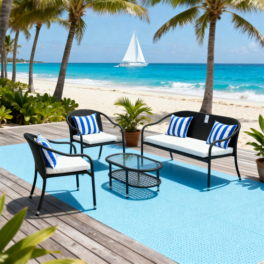 Dark Grey Wicker Outdoor Lounge Set with White & Blue Striped Cushions & Glass Coffee Table – Stylish Patio Furniture