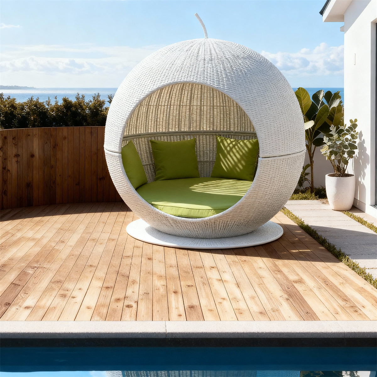 TYSF2540 White Rattan Spherical Swivel Outdoor Lounge Chair with Bright Green Cushions – Malé Maldives Coastal Terrace Luxury Private Outdoor Pod Chair