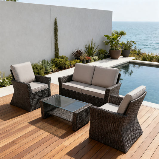 Dark Brown Wicker Outdoor Lounge Set with Glass Coffee Table – Stylish Patio Furniture